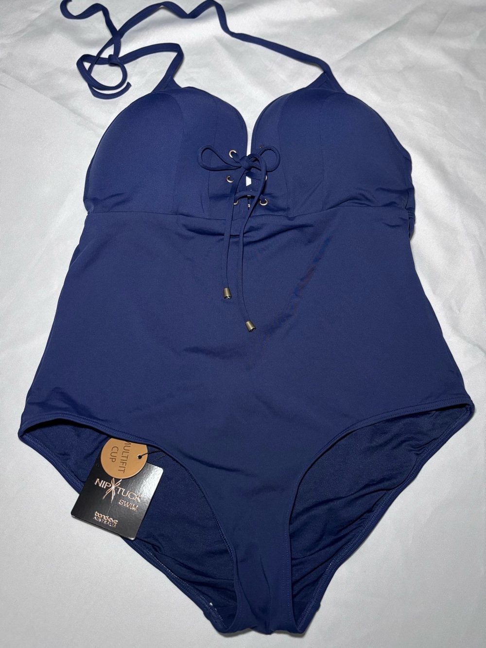 Nip Tuck Swim Navy Multi-Fit Cup Halter One Piece Swimsuit NWT